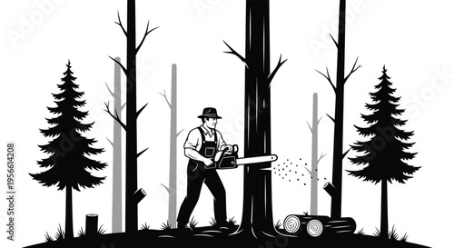 A lumberjack fells a tree with a chainsaw amidst a forest of pines presented as a striking silhouette high quality professional