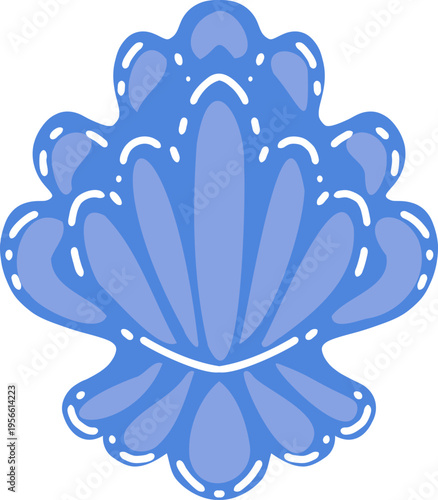 Blue seashell flat illustration, marine shell vector icon, minimalist ocean design, decorative sea element isolated on light background, clean modern style for branding, packaging and coastal themes
