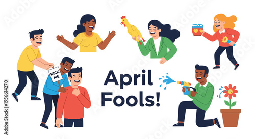 A group of people playfully celebrating april fools day with pranks
