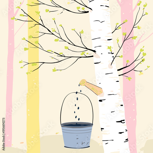 Spring Birch Sap Collection Scene