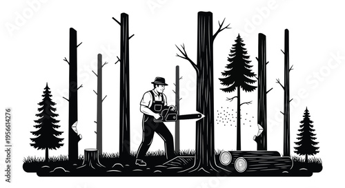 A lumberjack uses a chainsaw to fell a tree in a stylized forest presented as a striking silhouette high quality professional