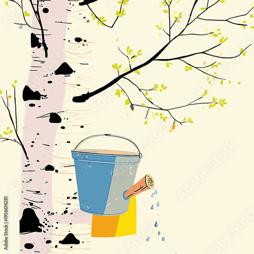 Spring Birch Sap Collection Scene