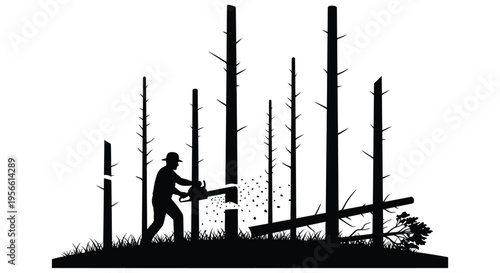 A lumberjack fells a tree with a chainsaw amidst a forest of stark black silhouettes high quality professional detailed modern elegant