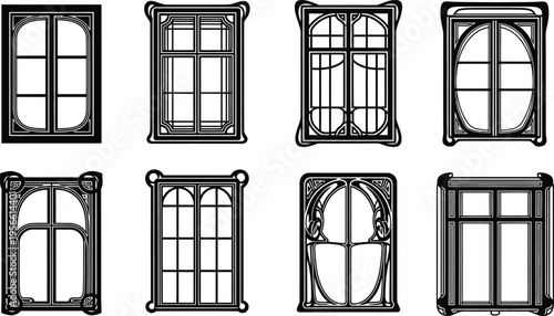 Collection of vintage decorative windows featuring intricate Art Nouveau frames and various pane designs ideal for architectural historical or graphic design projects