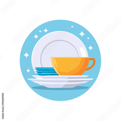 Stack of clean plates and cup sparkling after washing for a fresh kitchen scene