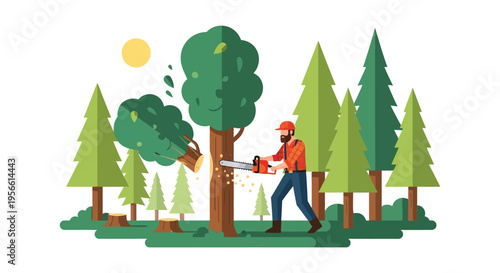 A lumberjack fells a tree with a chainsaw amidst a forest landscape rendered as a striking silhouette high quality professional detailed