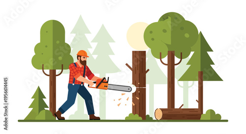 A lumberjack uses a chainsaw to cut down a tree amidst lush greenery showcasing a distinctive silhouette high quality professional detailed