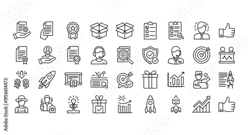 Collection of diverse business and achievement related line icons