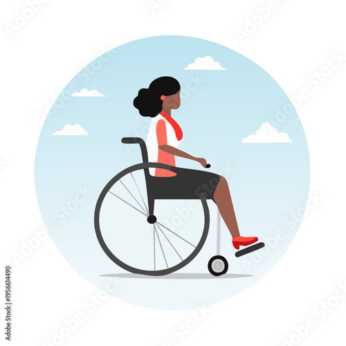 Woman with dark curly hair in a wheelchair under a sky with clouds, inside a circle border