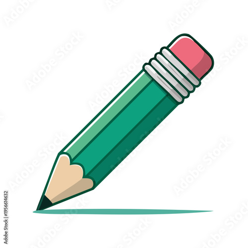 Green wood pencil with pink eraser drawing a line on white background