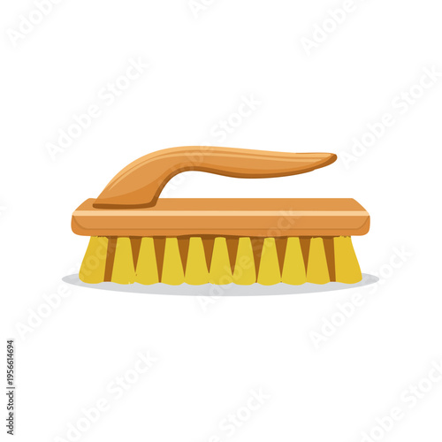 Classic wooden scrubbing brush with yellow bristles and curved handle for cleaning
