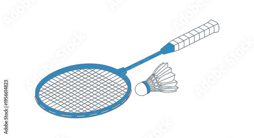 A vibrant illustration depicts a badminton racket and shuttlecock outlined in bold clean lines silhouette high quality professional detailed modern elegant