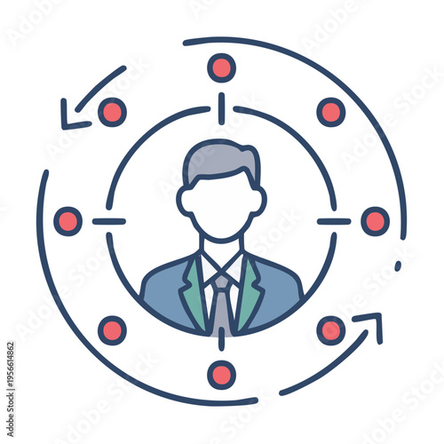 Businessman centered in a digital target audience analysis diagram representing customer profiling and market research