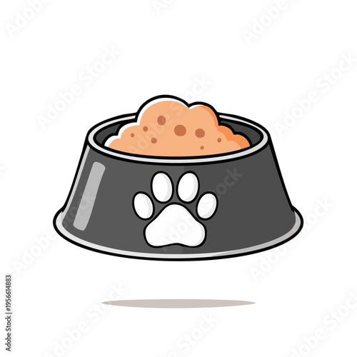 Cartoon dog bowl filled with dry kibble and featuring a paw print design
