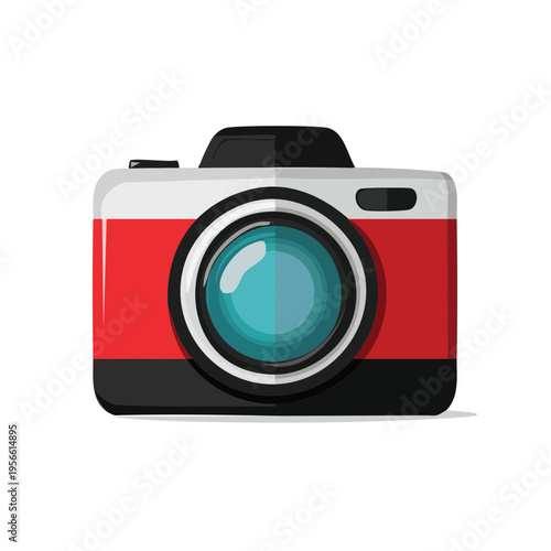 Modern compact camera with red body and large blue lens graphic illustration