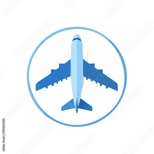 Modern blue airplane with wings extended in a circular graphic element representing travel