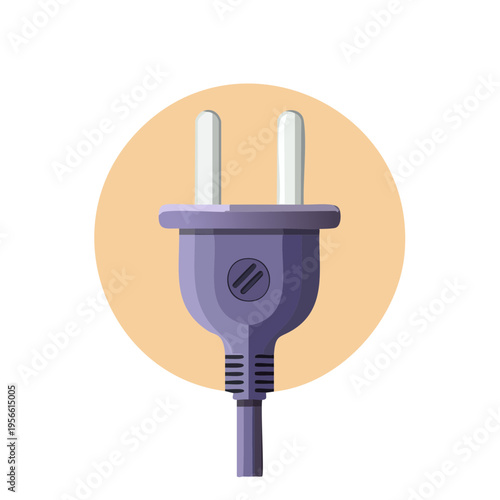 A purple electric plug with two white prongs centered on an orange circle graphic