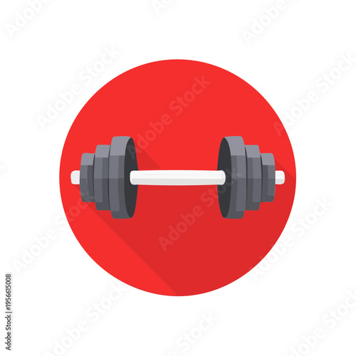 Icon of adjustable dumbbell with weight plates inside a red circle with long shadow