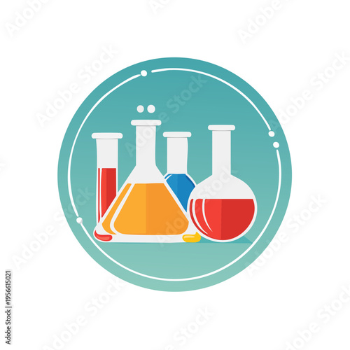 Collection of colorful laboratory flasks and test tubes with liquids inside