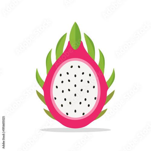 Vibrant Half Dragon Fruit Slice with Green Leaves and Black Seeds