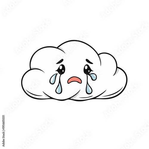 Cute cartoon cloud with crying face and teardrops illustration