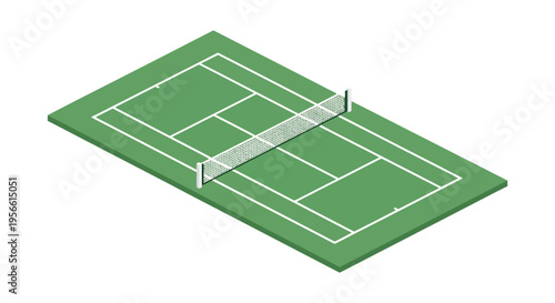 Isometric view of a green tennis court with a white net presented as a striking silhouette high quality professional detailed modern