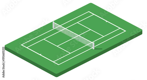 An overhead isometric view depicts a green tennis court with white lines and a net in silhouette high quality professional detailed