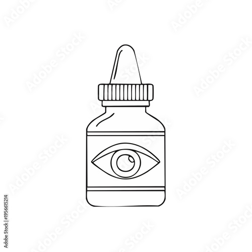 Simple line art illustration of an eye drop bottle with an eye symbol on the label
