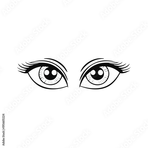 Stylized Female Eyes with Long Eyelashes and Defined Eyebrows Black and White Graphic