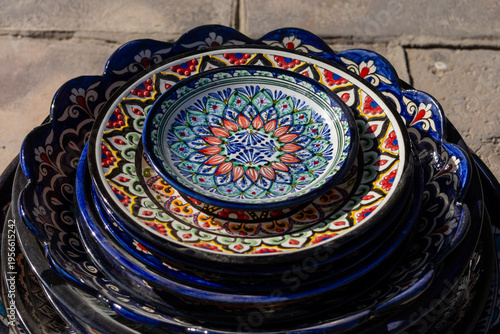 Stack of plates with characteristic colorful decorations, Khiva, Uzbekistan