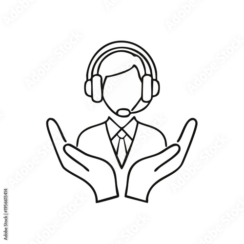 Customer service representative with headset supported by open hands icon for support and care