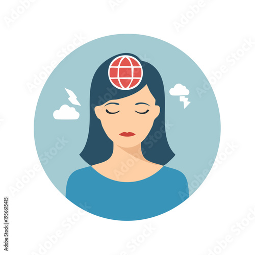 Woman with globe symbol on head experiencing mental distress and stormy thoughts
