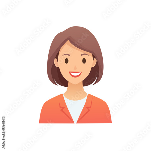Friendly cartoon woman in a stylish orange blazer wearing a white top smiling warmly