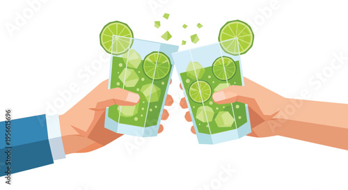 Two hands clink glasses filled with a vibrant green beverage garnished with lime a celebratory toast silhouette high quality professional detailed