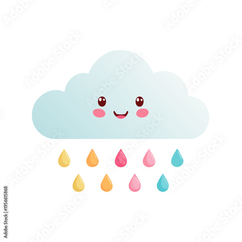 Cute kawaii cloud raining colorful drops with happy smiling face and rosy cheeks