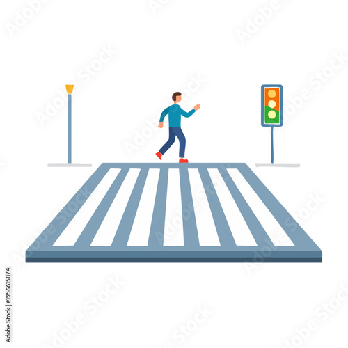 Man crossing street on pedestrian crossing with traffic light and street lamp