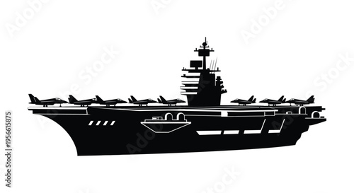 A striking black silhouette of a naval aircraft carrier with fighter jets on deck showcasing maritime power silhouette high quality professional
