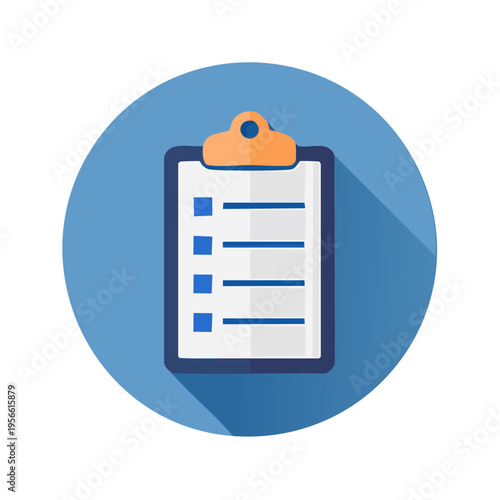 Flat icon of a clipboard with a checklist and checkboxes against a blue circle background