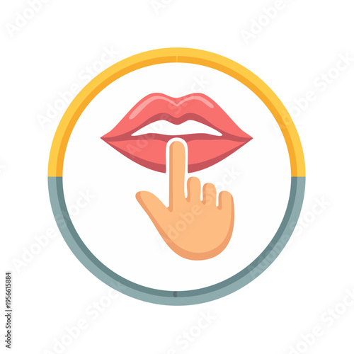 Finger pressing lips with a circular frame, representing silence and secrets.
