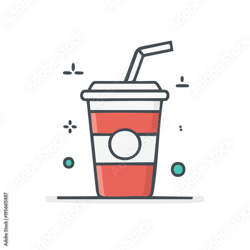 Stylized red paper cup with white lid and straw icon for drinks