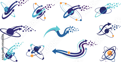 Collection of stylized atomic and planetary motion graphics