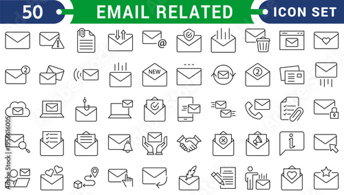 Email related Web Icon Set in Line Style. Collection of E-mail and Letter Linear Icons, Including mail, envelope, email, postal, letter sent, inbox, new mail, reply and forward mail and more.