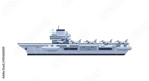 A flat graphic depiction of a navy aircraft carrier with fighter jets showcasing a distinct silhouette high quality professional detailed modern