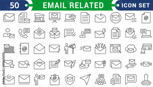 Email related Web Icon Set in Line Style. Collection of E-mail and Letter Linear Icons, Including mail, envelope, email, postal, letter sent, inbox, new mail, reply and forward mail and more.