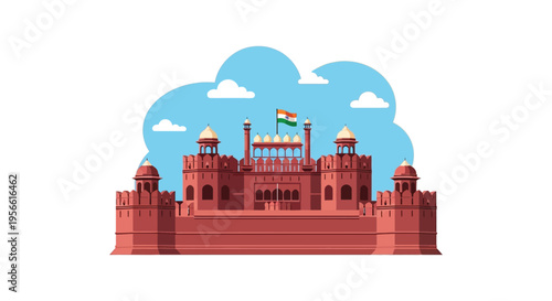 A vibrant illustration depicts the red sandstone of red fort adorned with the indian flag in a striking silhouette high quality