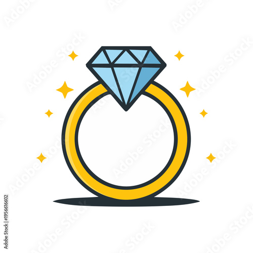 Sparkling diamond ring illustration symbolizing love and commitment in a simple flat design