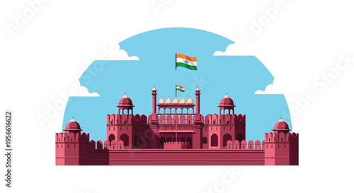 A vibrant illustration depicts red fort in delhi india with the national flag flying prominently a striking silhouette high quality professional