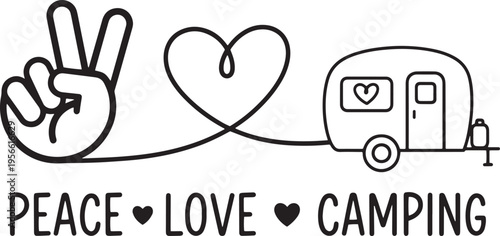 Peace Love Camping Minimal Line Art with Trailer and Heart Illustration