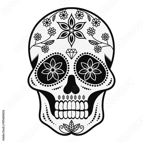 Black and White Sugar Skull with Floral Ornament in Symmetrical Vector Line Art