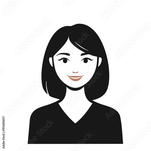 Stylized portrait of a smiling young woman with short black hair and a black top
